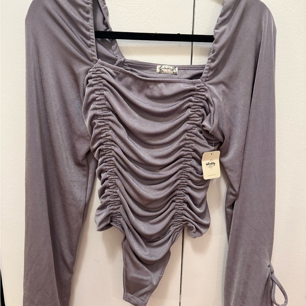Free People Gray Ruched Asymmetrical Bodysuit